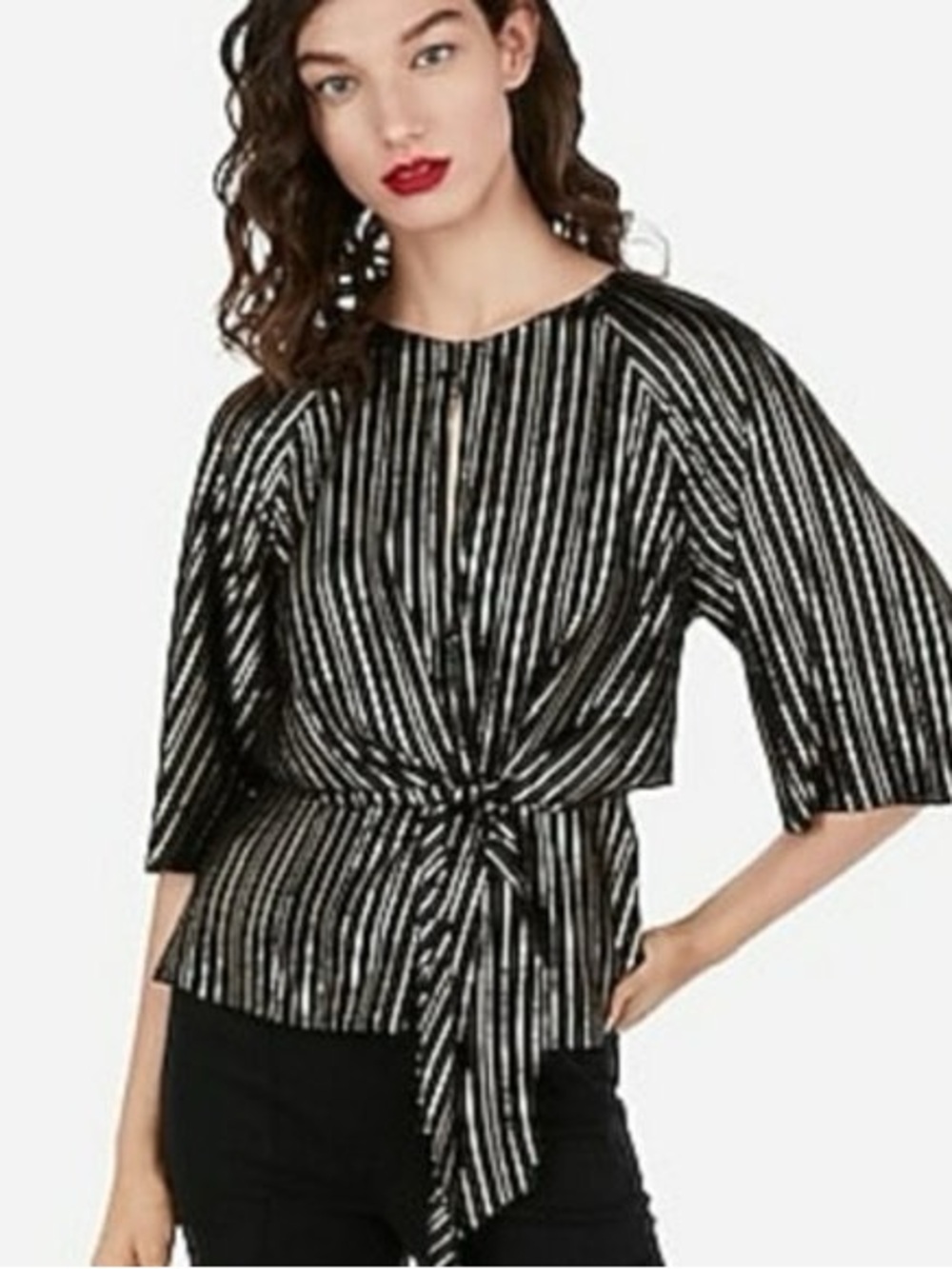 Express Black Metallic-Striped Tie-Waist Blouse